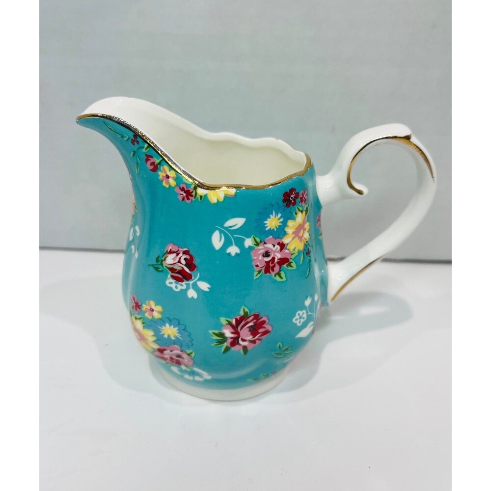 Mini Vintage China Creamer Pitcher Gorgeous Turquoise Floral Design Gold Trim